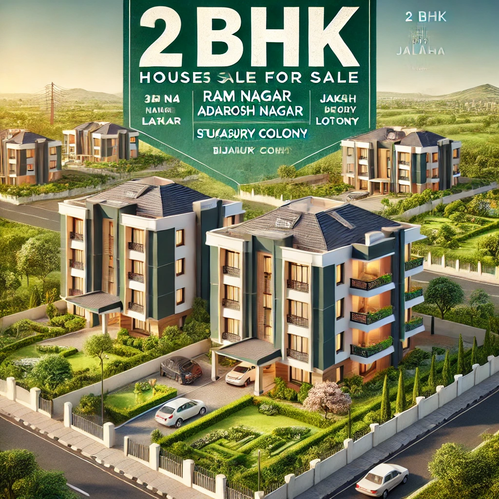 Real estate brochure showing houses for sale in Bijapur, with locations like Sai Park, Begum Talab, and Ram Nagar.
