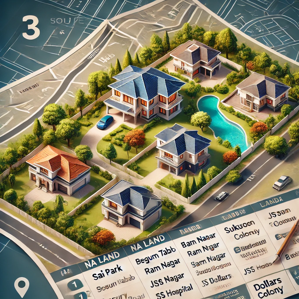 Real estate brochure showing houses for sale in Bijapur, with locations like Sai Park, Begum Talab, and Ram Nagar.